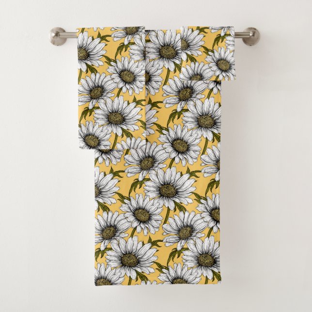 White daisies, wild flowers on yellow bath towel set (Insitu)