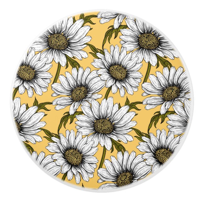 White daisies, wild flowers on yellow ceramic knob (Front)
