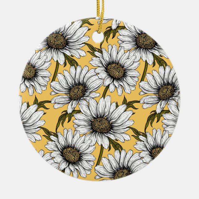 White daisies, wild flowers on yellow ceramic tree decoration (Front)