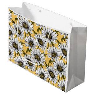 White daisies, wild flowers on yellow large gift bag