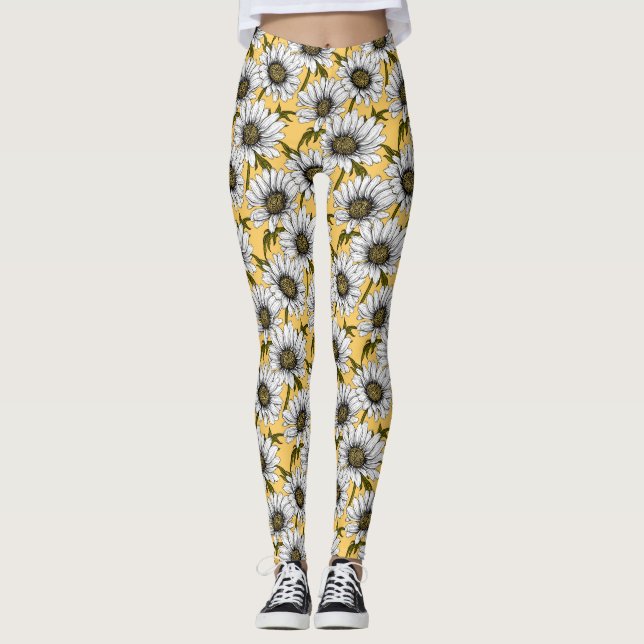 White daisies, wild flowers on yellow leggings (Front)
