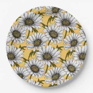 White daisies, wild flowers on yellow paper plate