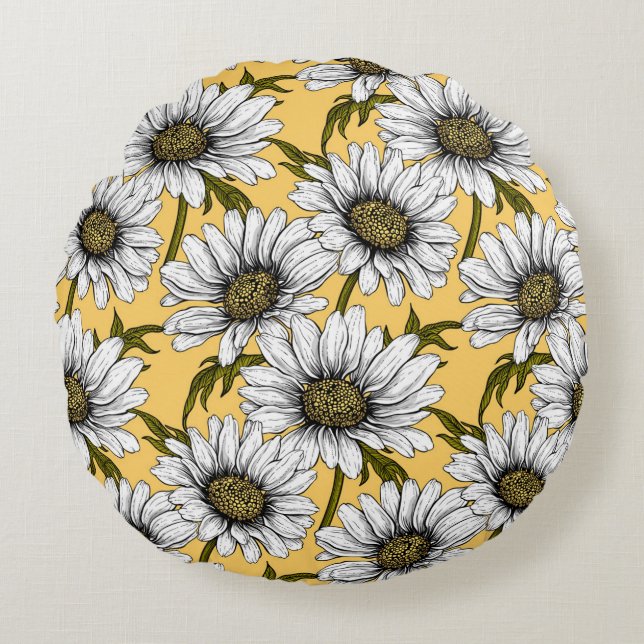 White daisies, wild flowers on yellow round cushion (Front)
