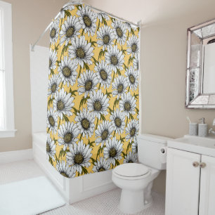 White daisies, wild flowers on yellow shower curtain