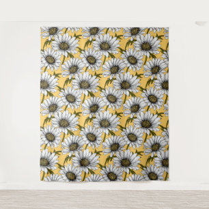 White daisies, wild flowers on yellow tapestry