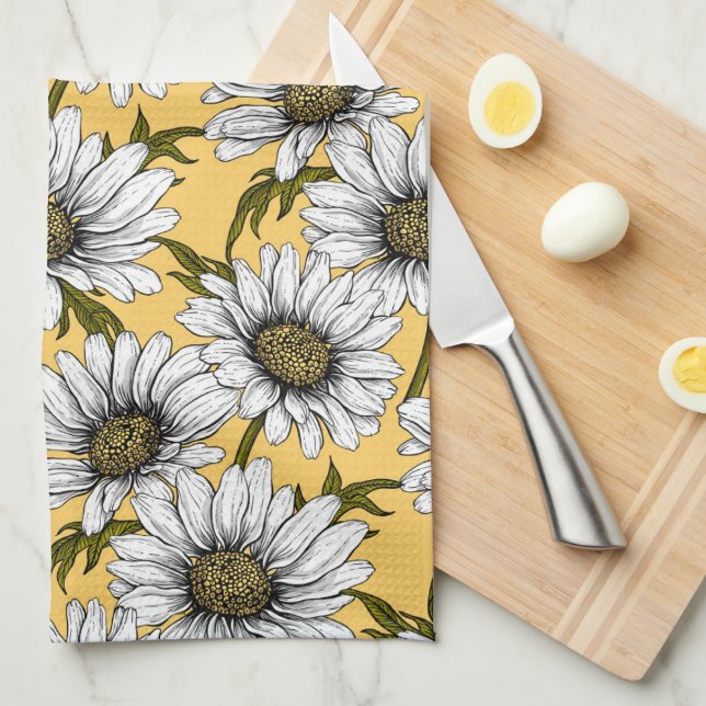 White daisies, wild flowers on yellow tea towel (Quarter Fold)