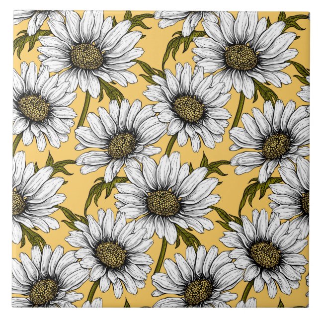 White daisies, wild flowers on yellow tile (Front)