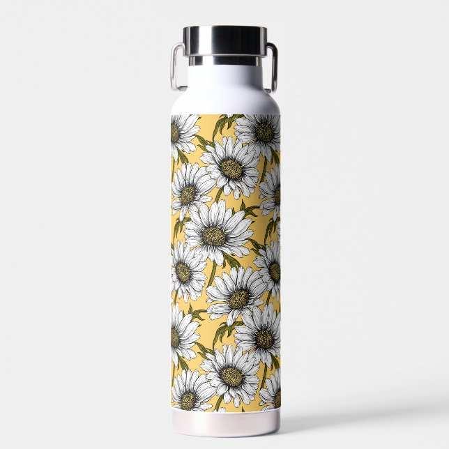 White daisies, wild flowers on yellow water bottle (Front)
