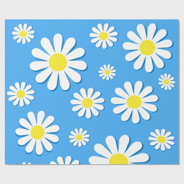 White Daisies with a blue background Wrapping Paper (Flat)