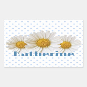 White Daisies with Blue Polka Dots and Name Rectangular Sticker
