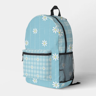 WHITE DAISIES WITH PASTEL BLUE PLAID PATTERNS PRINTED BACKPACK