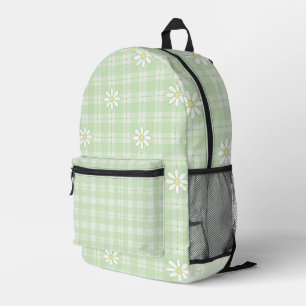 WHITE DAISIES WITH PASTEL GREEN PLAID PATTERNS PRINTED BACKPACK