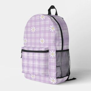 WHITE DAISIES WITH PASTEL PURPLE PLAID PATTERNS PRINTED BACKPACK
