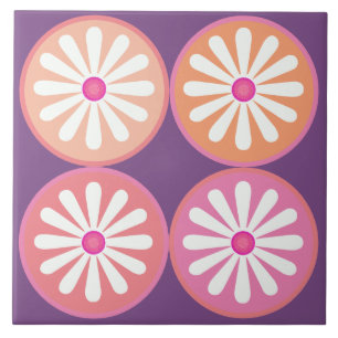 White daisies with pink circles on groovy purple tile