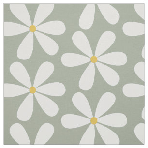 White daisies with yellow centres on moss grey fabric