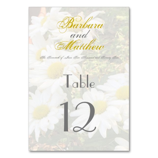 White Daisies Yellow and Grey Script Elegant Table Number (Front)