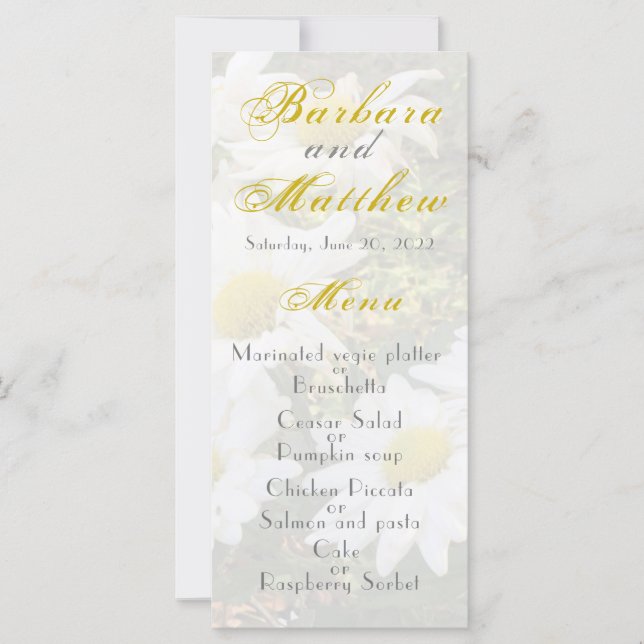 White Daisies Yellow and grey Script  Wedding Menu (Front)