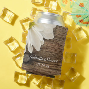 White Daisy and Barn Wood Country Wedding Favour Can Cooler