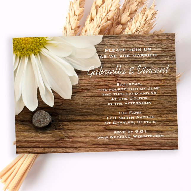White Daisy and Barn Wood Country Wedding Invitation (Creator Uploaded)