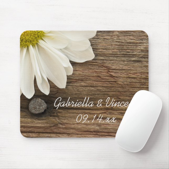 White Daisy and Barn Wood Country Wedding Mouse Mat (With Mouse)