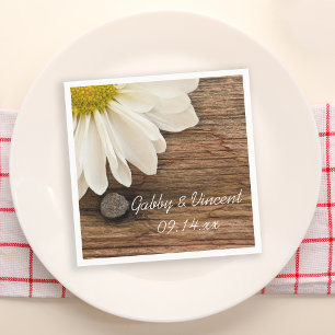 White Daisy and Barn Wood Country Wedding Napkin