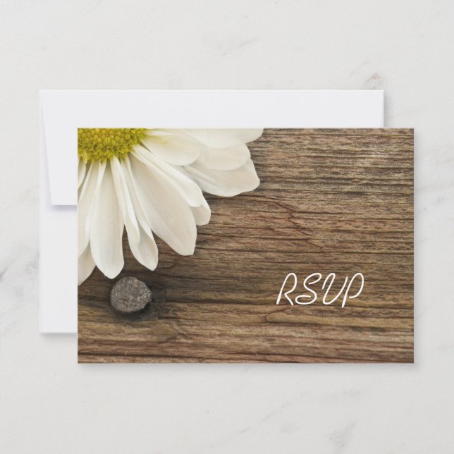 White Daisy and Barn Wood Country Wedding RSVP (Front)