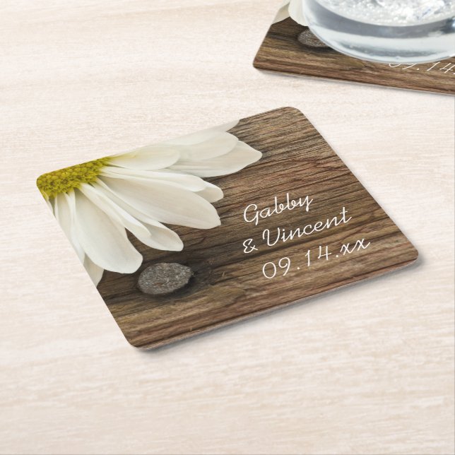 White Daisy and Barn Wood Country Wedding Square Paper Coaster (Angled)