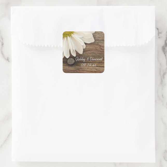 White Daisy and Barn Wood Country Wedding Square Sticker (Bag)