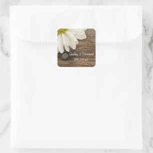 White Daisy and Barn Wood Country Wedding Square Sticker