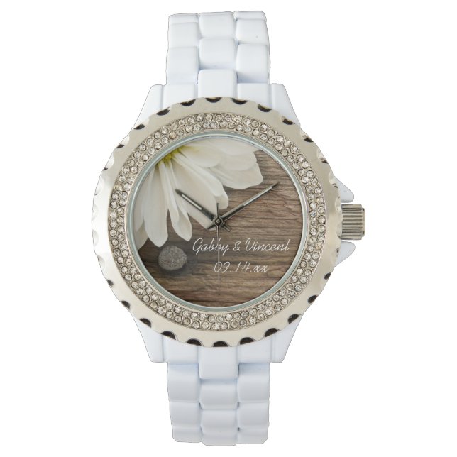White Daisy and Barn Wood Country Wedding Watch (Front)