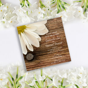White Daisy and Barn Wood Ranch Wedding Invitation