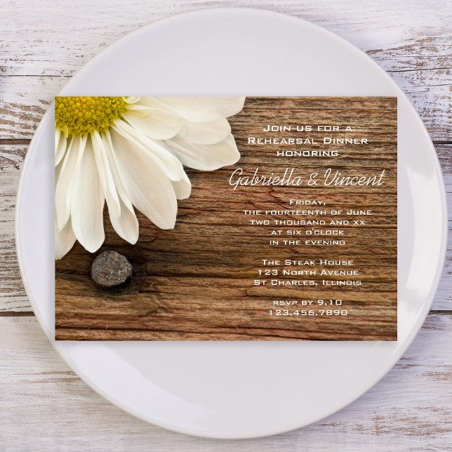 White Daisy and Barn Wood Wedding Rehearsal Dinner Invitation (Creator Uploaded)