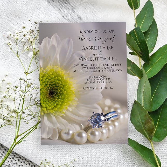 White Daisy and Diamond Ring Wedding Invitation (Invite guests to your marriage ceremony with the pretty White Daisy and Diamond Wedding Invitation.)