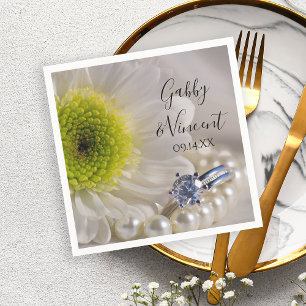 White Daisy and Diamond Ring Wedding Napkin