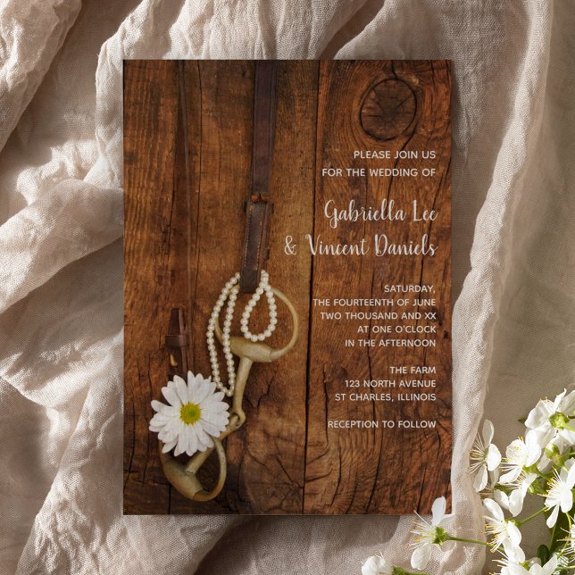 White Daisy and Horse Bit Country Western Wedding Invitation (Creator Uploaded)
