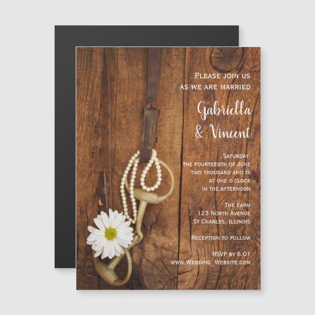 White Daisy and Horse Bit Country Western Wedding Magnetic Invitation (Front/Back)