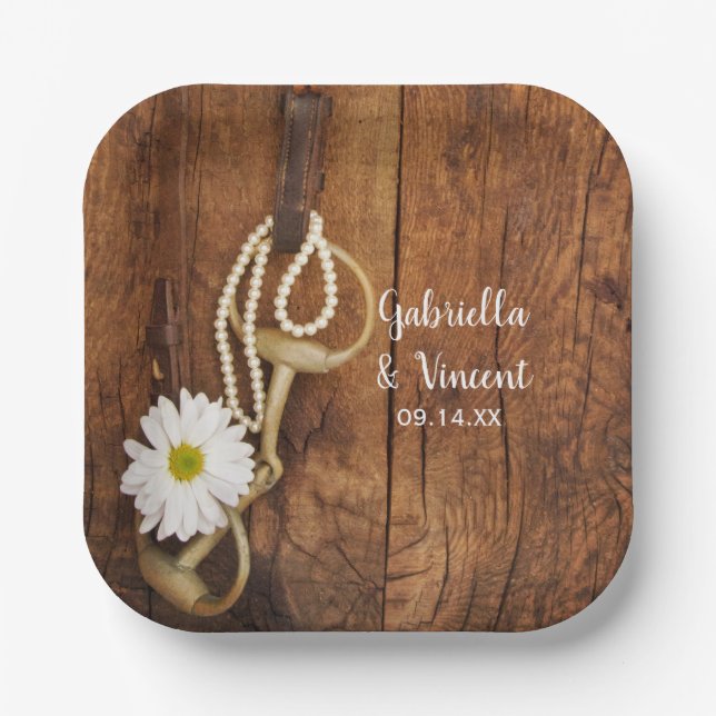 White Daisy and Horse Bit Country Western Wedding Paper Plate (Front)