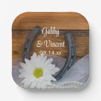 White Daisy and Horseshoe Country Western Wedding Paper Plate