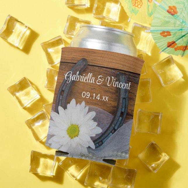 White Daisy and Horseshoe Western Wedding Favour Can Cooler (In Situ Summer)