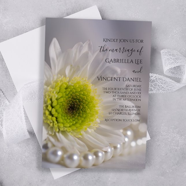 White Daisy and Pearls Wedding Invitation (Creator Uploaded)