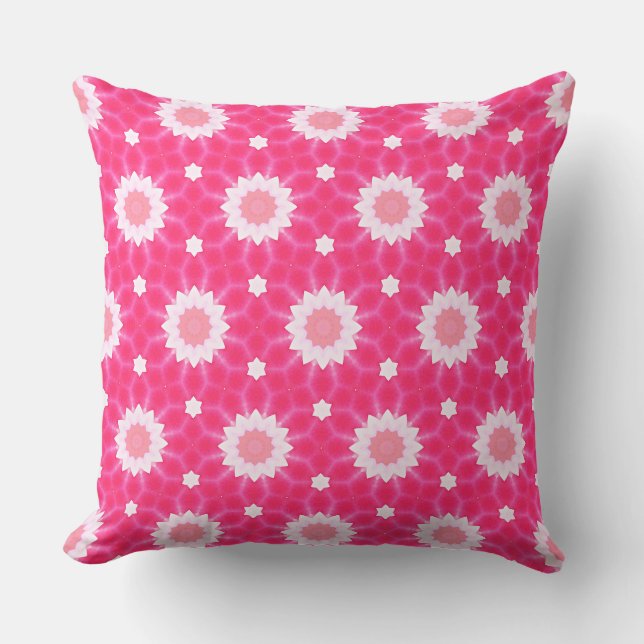 White daisy and stars over pink background pattern cushion (Front)