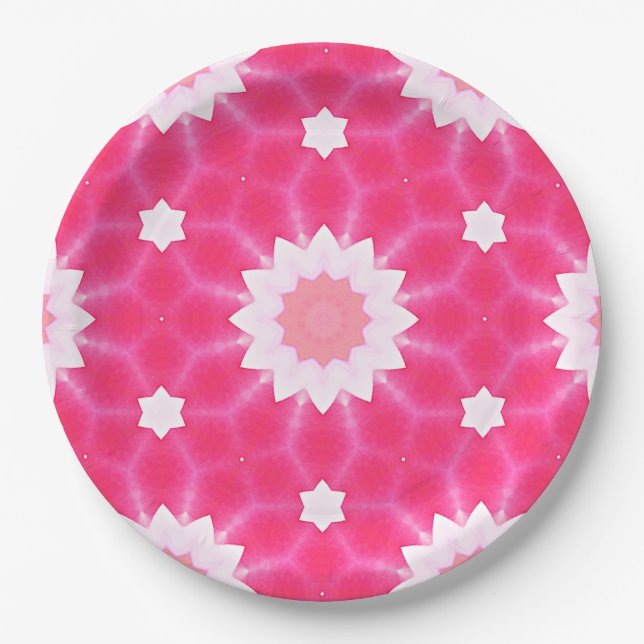 White daisy and stars over pink background pattern paper plate (Front)