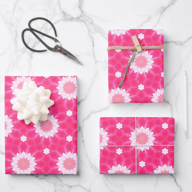 White daisy and stars over pink background pattern wrapping paper sheet (Front)