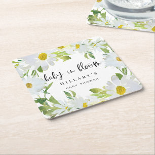 White Daisy Baby Shower Summer floral bloom Square Paper Coaster