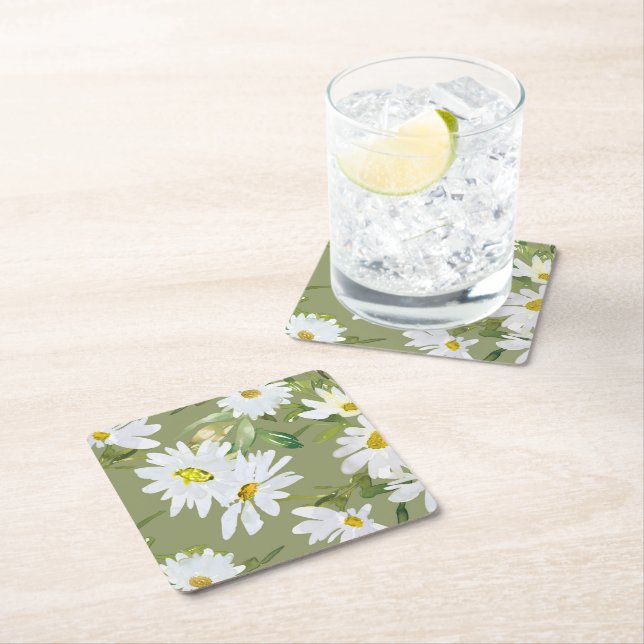 White Daisy | Baby Shower Summer floral bloom Square Paper Coaster (Insitu)