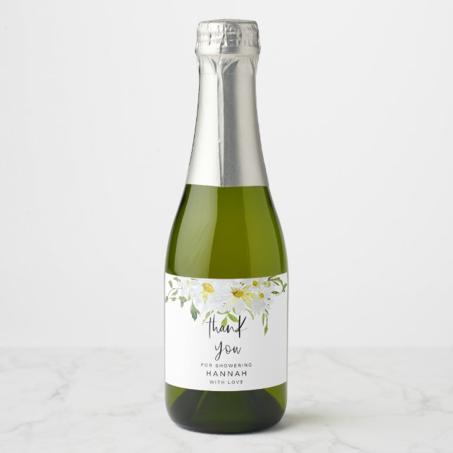 White Daisy Baby Shower Thank You Favour  Sparkling Wine Label (Front)