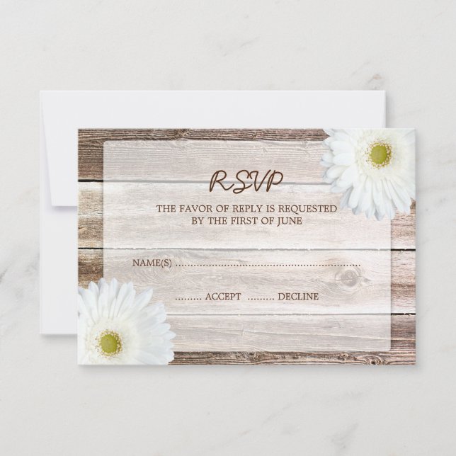 White Daisy Barn Wood Wedding RSVP Response Card (Front)