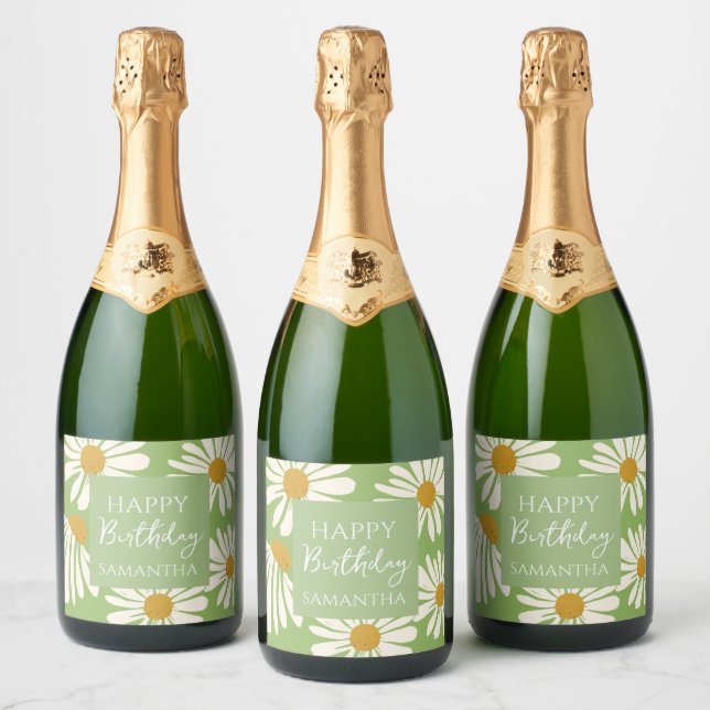 White Daisy Blooms –  Floral  Garden Birthday  Sparkling Wine Label (Bottles)
