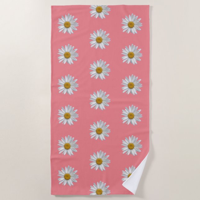 White Daisy Blooms Pattern Floral Pink Beach Towel (Front)