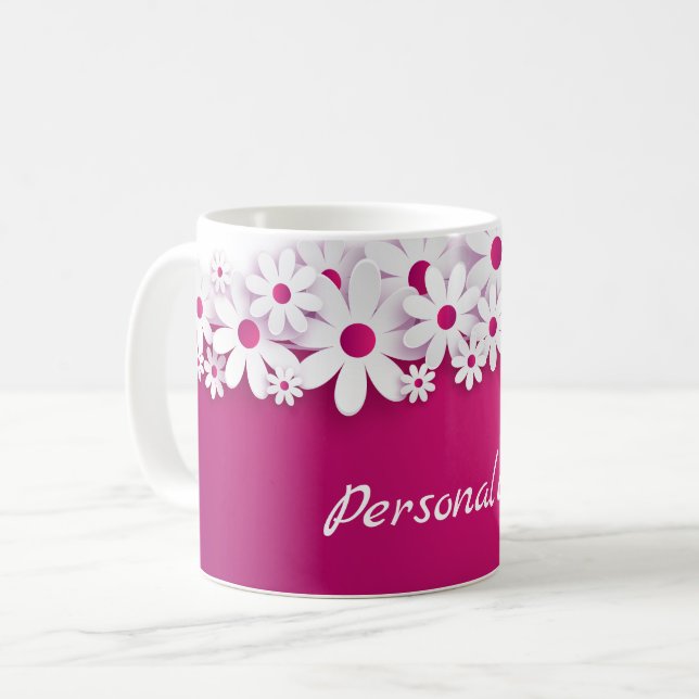 White Daisy Blossom Magenta Pink Floral Bloom Coffee Mug (Front Left)